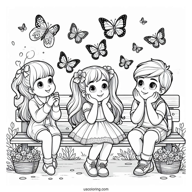 Three Children Enjoying The Butterflies