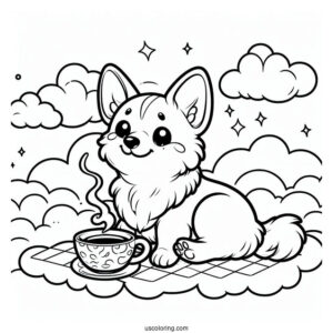 Cartoon Corgi Coloring Page In The Clouds Having Tea