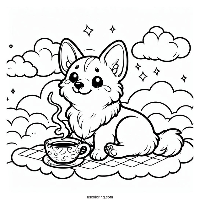 Cartoon Corgi Coloring Page In The Clouds Having Tea