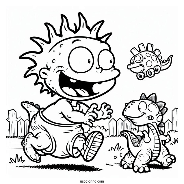 Rugrats Coloring Page Of Spike Running In Backyard With Toy Reptar