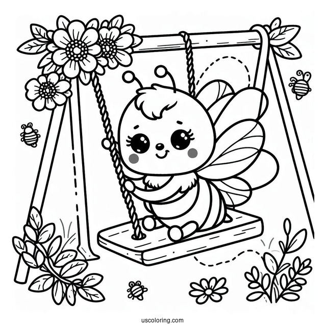 Bee Coloring Page Playing On A Swing Set For Kids