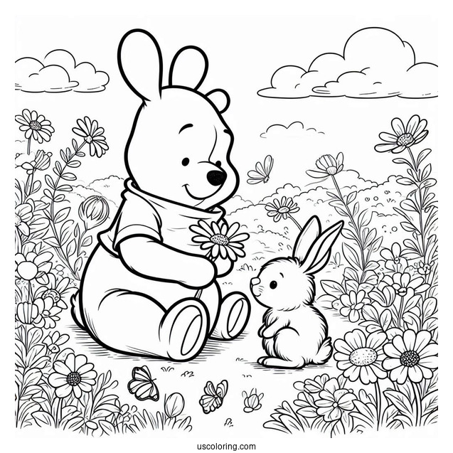 Winnie The Pooh Sitting On A Flower Field With A Rabbit Coloring Page