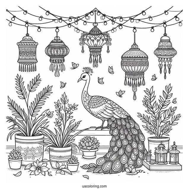 Elegant Peacock Coloring Page Among Hanging Lanterns And Potted Plants