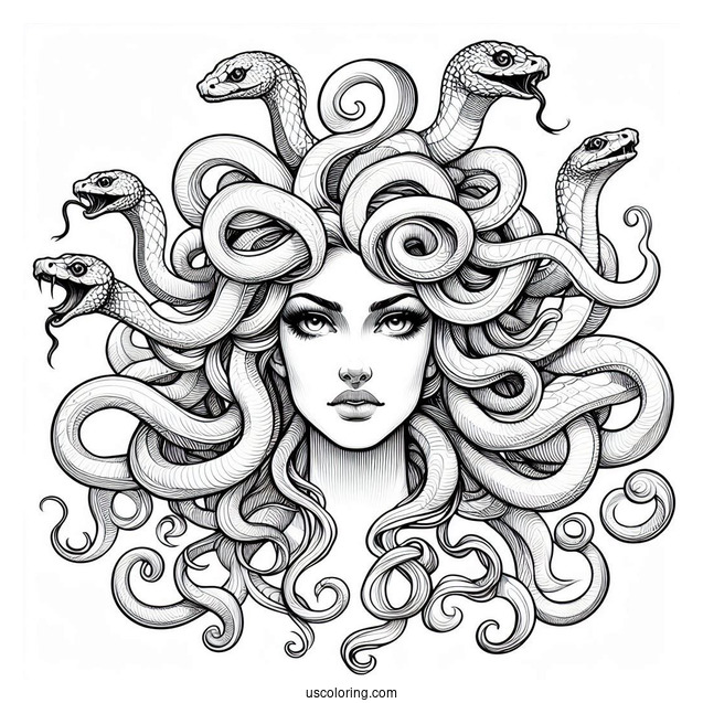 Realistic Medusa Coloring Page With Large Snakes On Head