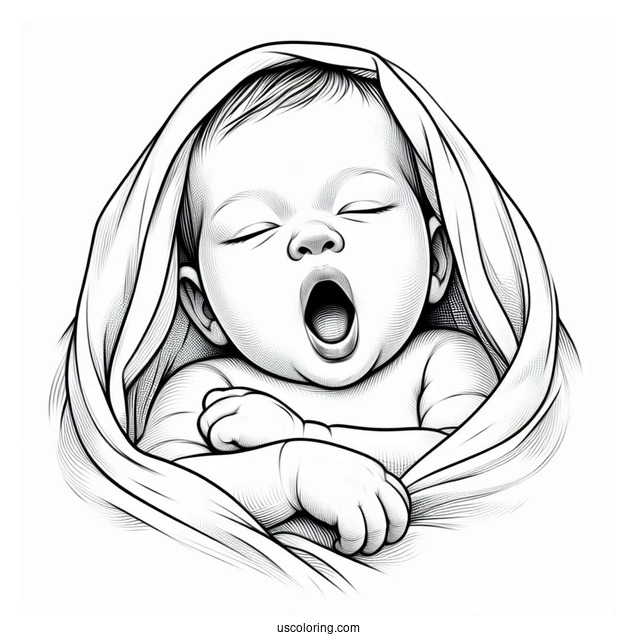 Realistic Baby Coloring Page Yawning Under The Blanket