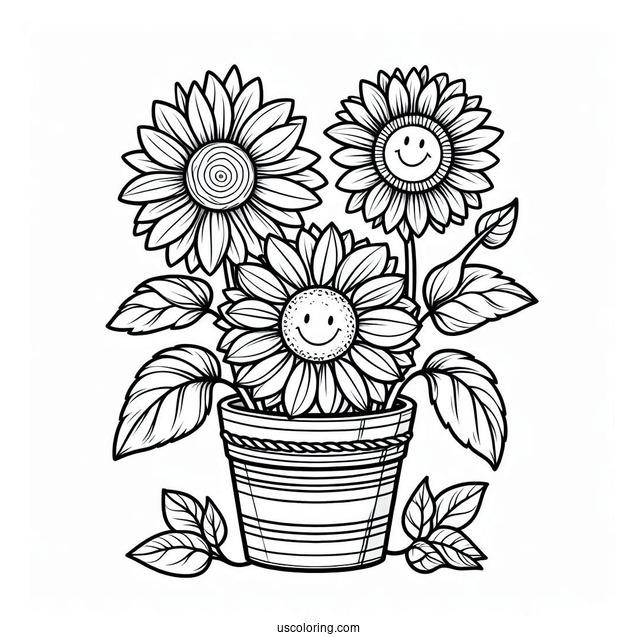 Flower Coloring Pages Of Three Happy Sunflowers In Garden Pot