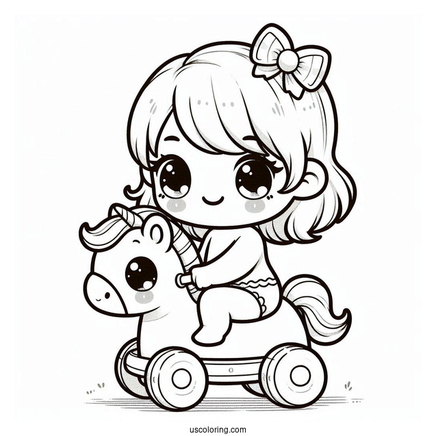 Kawaii Baby Coloring Page Riding A Toy Horse