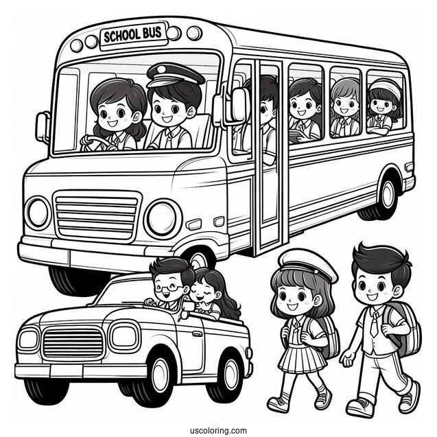 Cartoon School Bus With Students And Driver