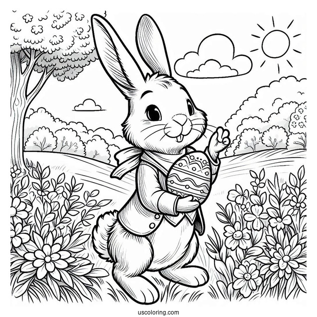 Peter Rabbit Coloring Page Holding An Easter Egg In A Field