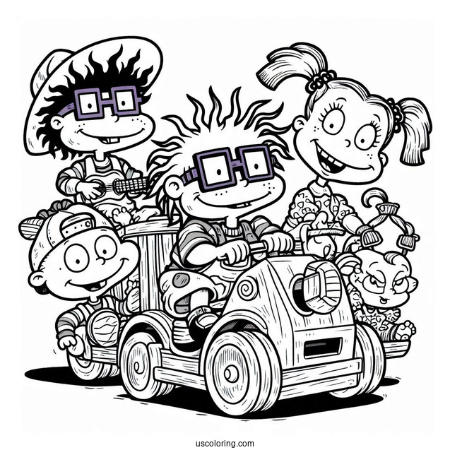 Nickelodeon Coloring Page Of Rugrats Chuckie, Angelica, Lillian And Tommy Riding Machine