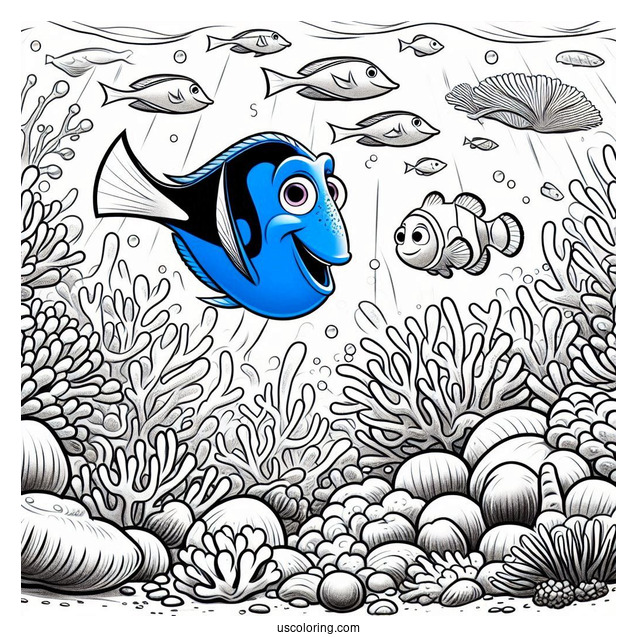 Pixar Coloring Page of Dory And Marlin In Coral Reef