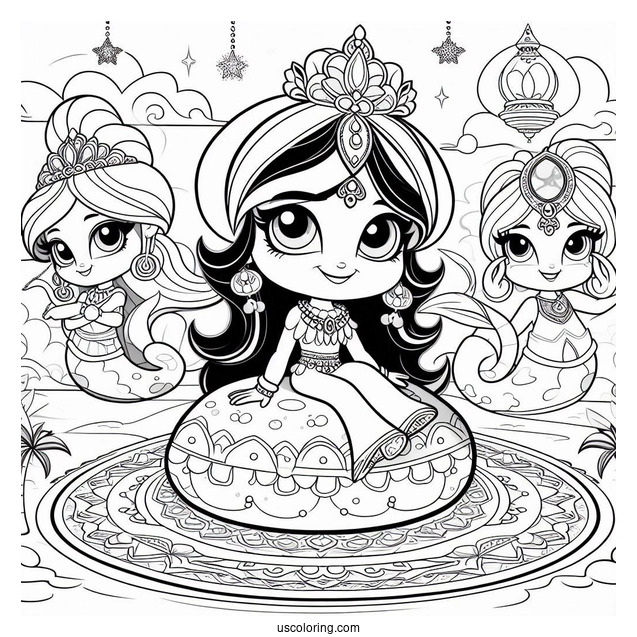 Shimmer And Shine Coloring Page Nahal, And Nazboo On A Magic Carpet With Zeta In The Background
