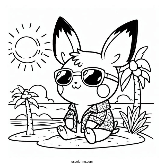 Pichu Coloring Page In Sunglasses And Hawaiian Shirt At The Beach