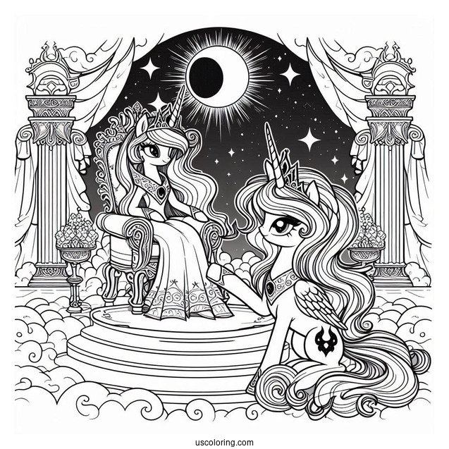 Detailed Princess Luna Coloring Page And Princess Celestia On The Throne