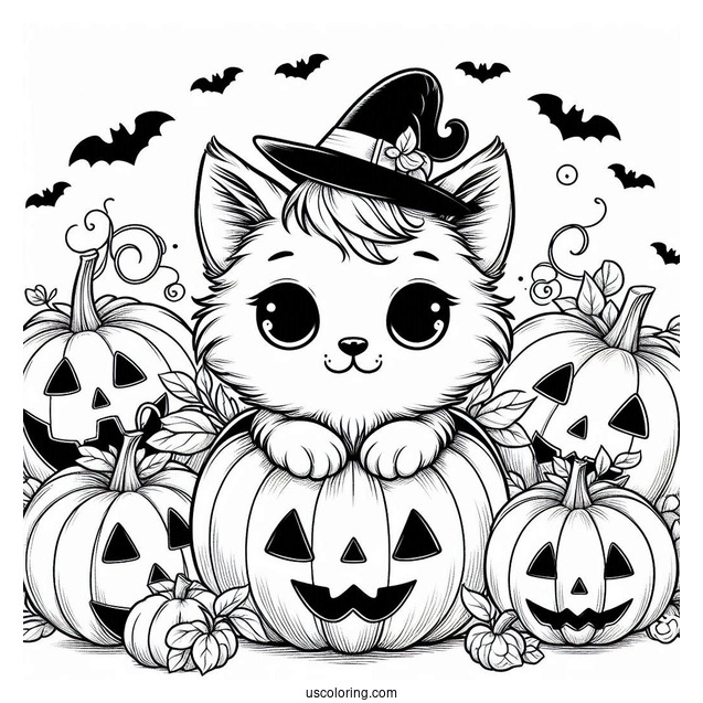 Pumpkin Coloring Page Of Cat Surrounded By Jack O Lanterns