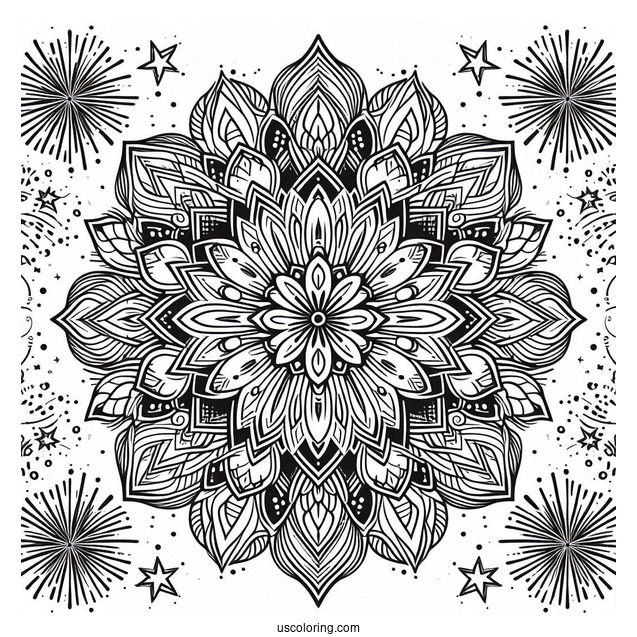 New Year Coloring Page Of Fireworks Mandala