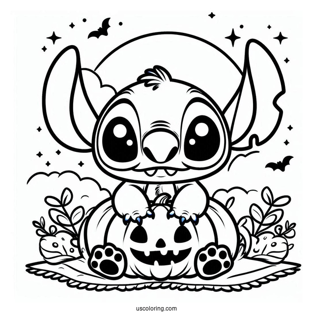 Kawaii Halloween Themed Stitch With Pumpkin To Color