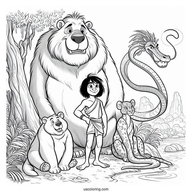 Jungle Book Coloring Page Of Baloo, Mowgli, Kaa, King Louie, And Bagheera