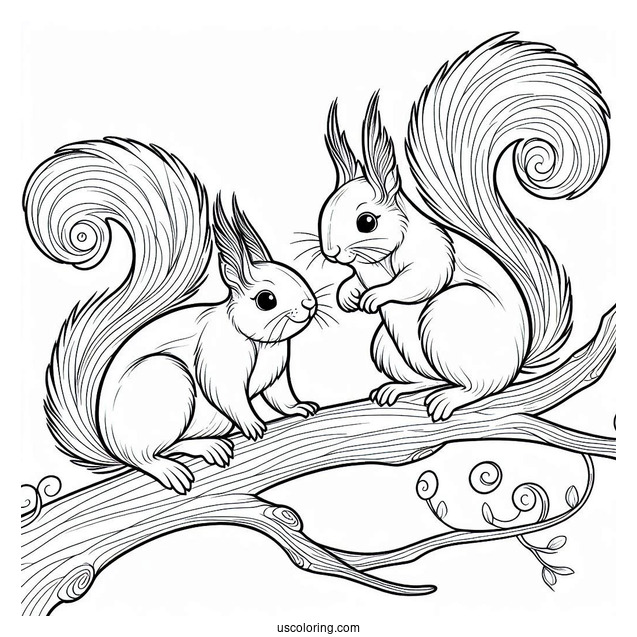 Easy Outline Of Two Squirrels Coloring Page On Tree Branch