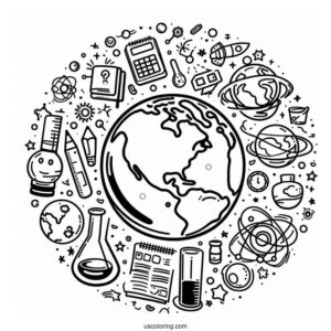 Easy Earth Surrounded By Science Coloring Page And Technology