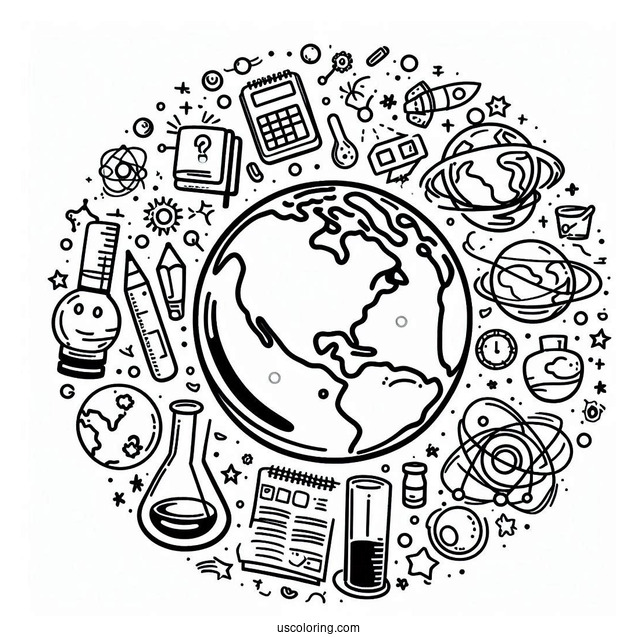 Easy Earth Surrounded By Science Coloring Page And Technology