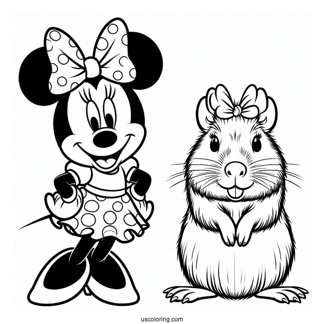 Minnie Mouse With A Capybara Coloring Page Wearing Matching Bows