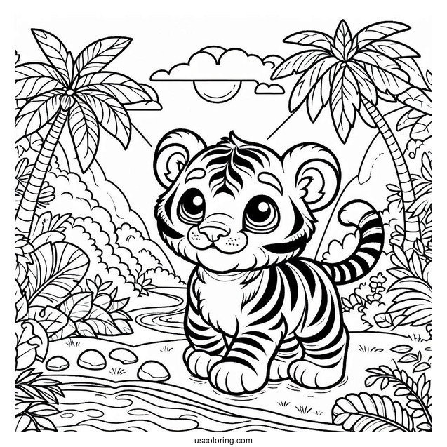 Young Tiger In The Jungle Coloring Page For Kids
