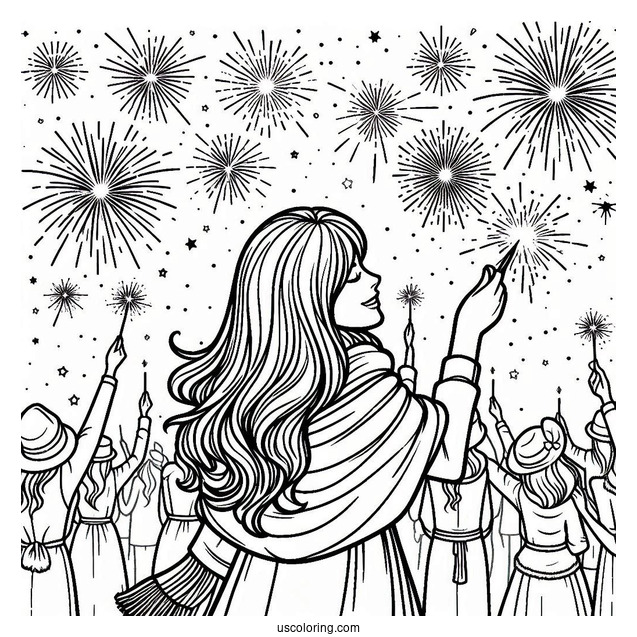 People Holding Up Sparklers To A Sky Filled With Fireworks On New Year Coloring Page