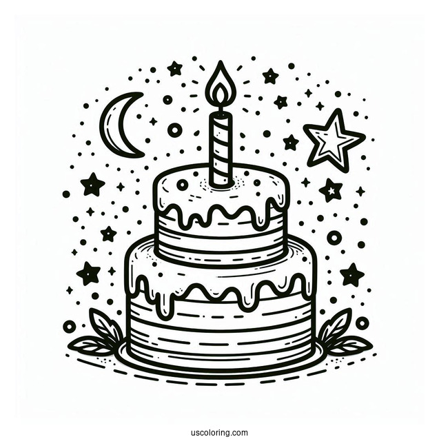 Simple Cake With Star Toppers And Candle Coloring Page