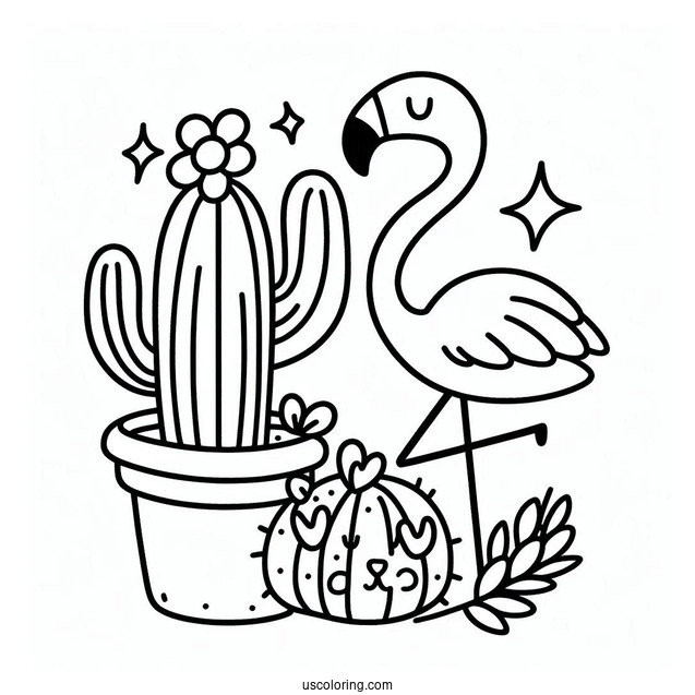 Kawaii Cactus And Flamingo To Color