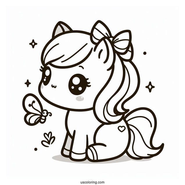 Cute Kawaii Horse With Butterfly To Color