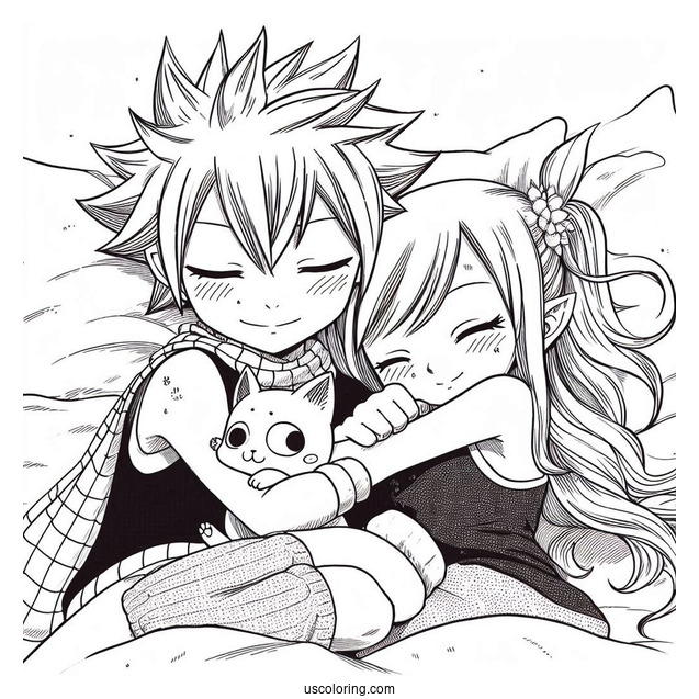 Manga Coloring Page Of Cute Fairy Tail Natsu And Lucy Cuddling