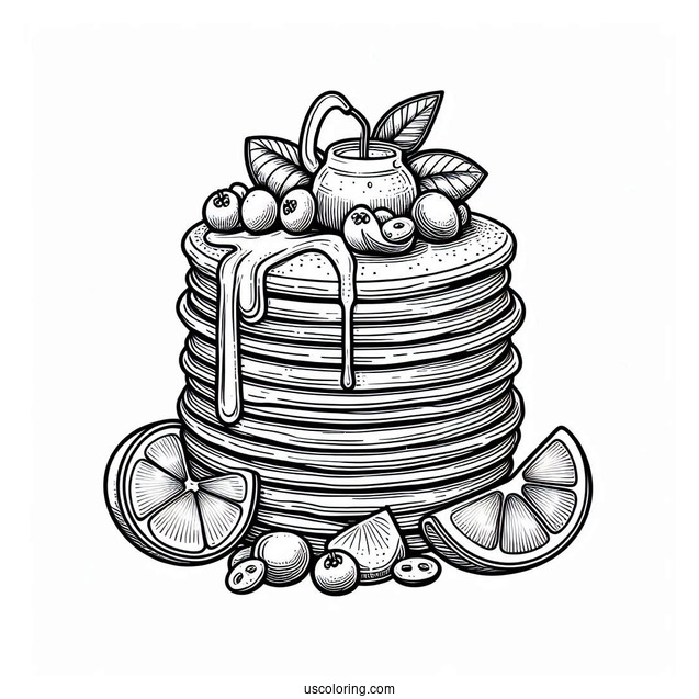 Pancake Coloring Page Towers With Fruits And Syrup