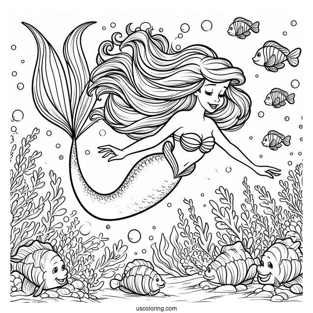 Mermaid Ariel Diving Into Sea With Flounders