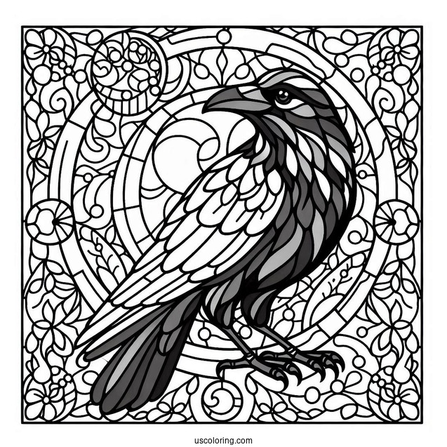 Raven Coloring Page With Stained Glass In The Background