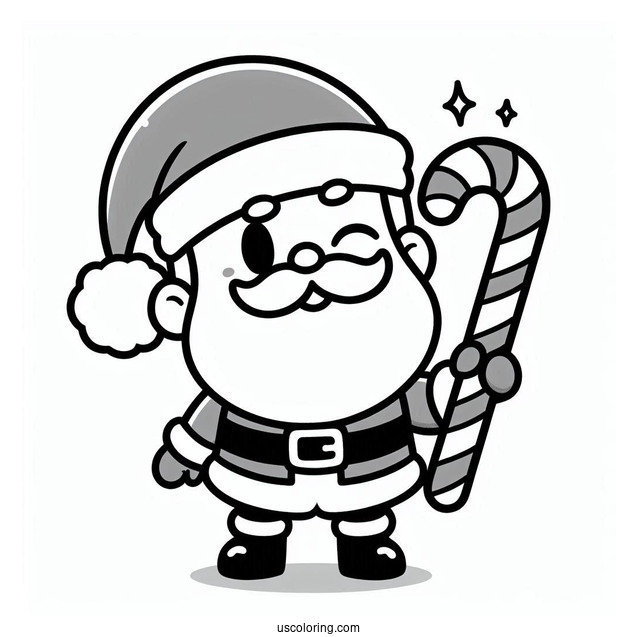 Cartoon Santa Winking While Carrying A Candy Cane Coloring Page For Kids