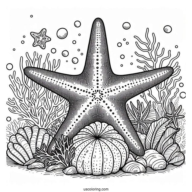 Large Starfish Coloring Page In Coral Reef For Kids