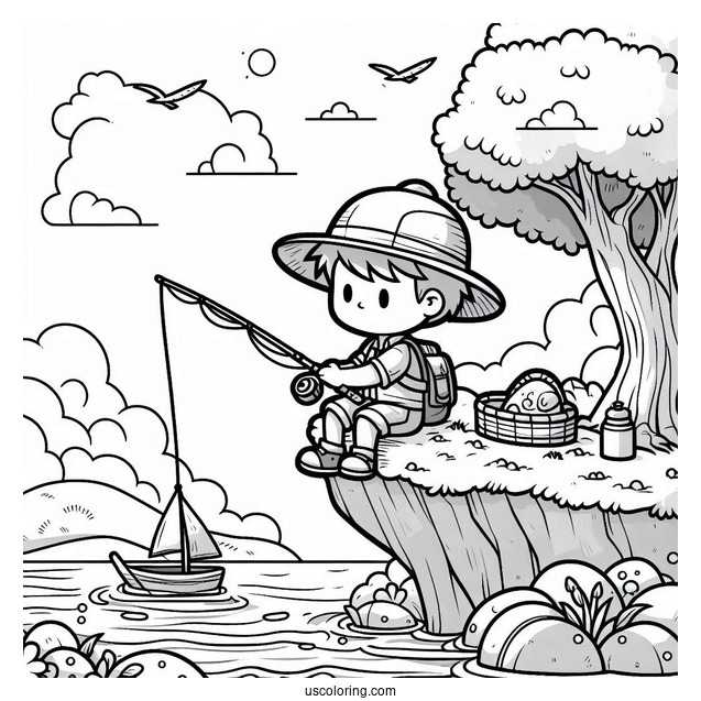 Fishing Coloring Page Of Boy Fishing On A Cliff For Kids