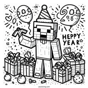 New Year Coloring Page Of Minecraft Steve Celebrating For Kids