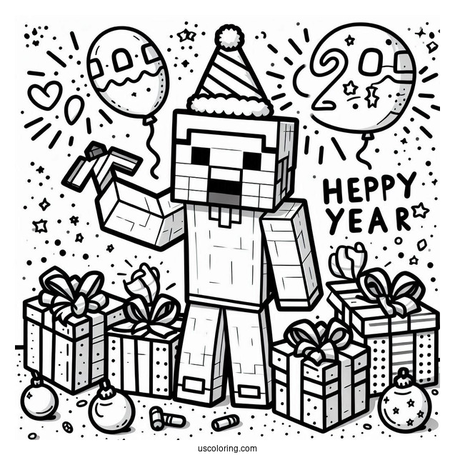 New Year Coloring Page Of Minecraft Steve Celebrating For Kids