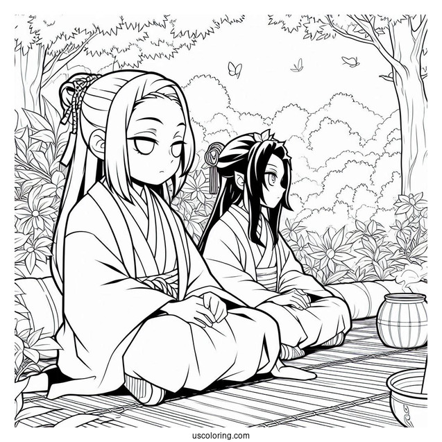 Nezuko Coloring Page Sitting Next To Inosuke In Garden