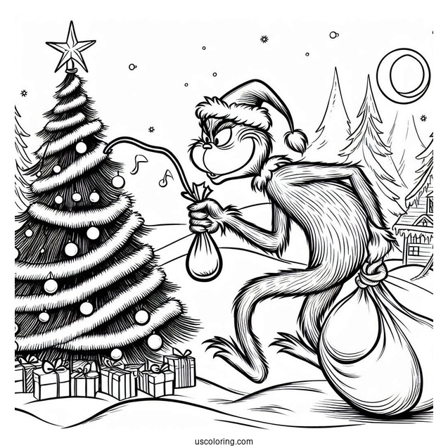 The Grinch Stealing a Christmas Tree Coloring Sheet