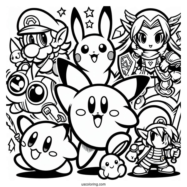 Kirby, Pikachu, Zelda, Sonic, And Little Mac Super Smash Bros Coloring Page