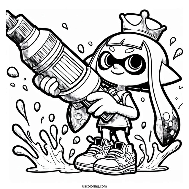 Splatoon Coloring Page Of Blue Inkling Holding Inkjet For Kids