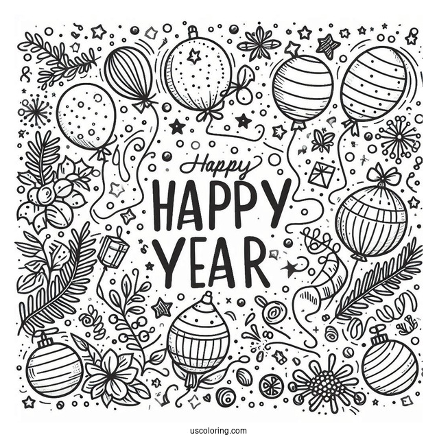 Happy New Year Coloring Page Of Confetti And Balloons