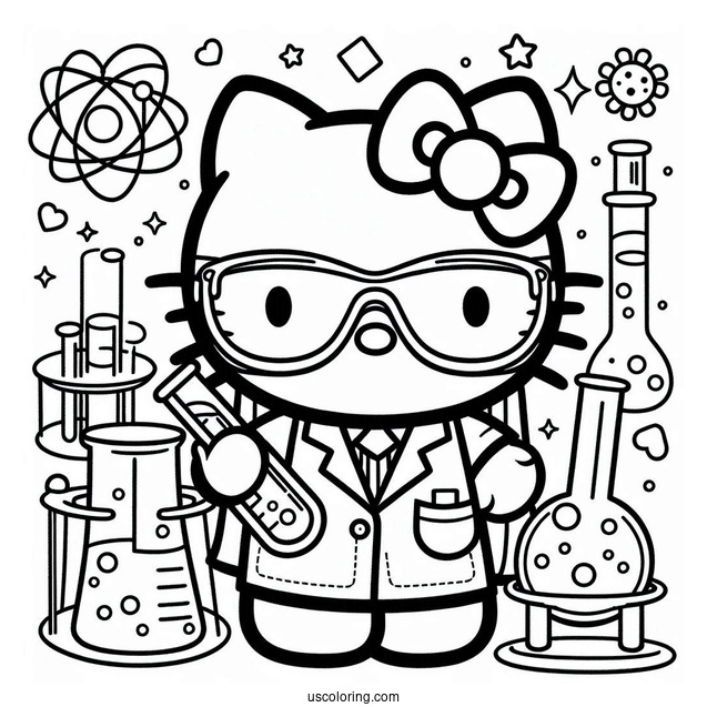 Science Coloring Page Of Hello Kitty In Laboratory Coat Holding A Flask And Test Tube For Kids