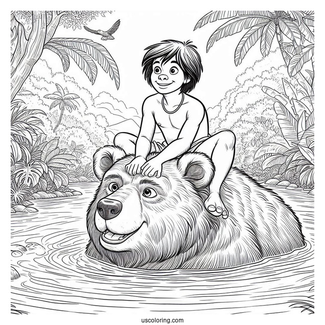 Jungle Book Coloring Page Of Mowgli Sitting On Top of Baloo While Floating In Water