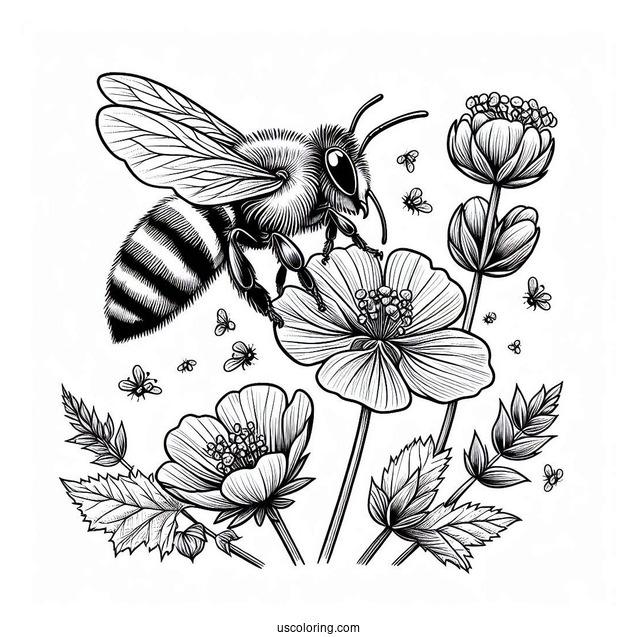 Realistic Bee Coloring Page Hovering Over Flowers