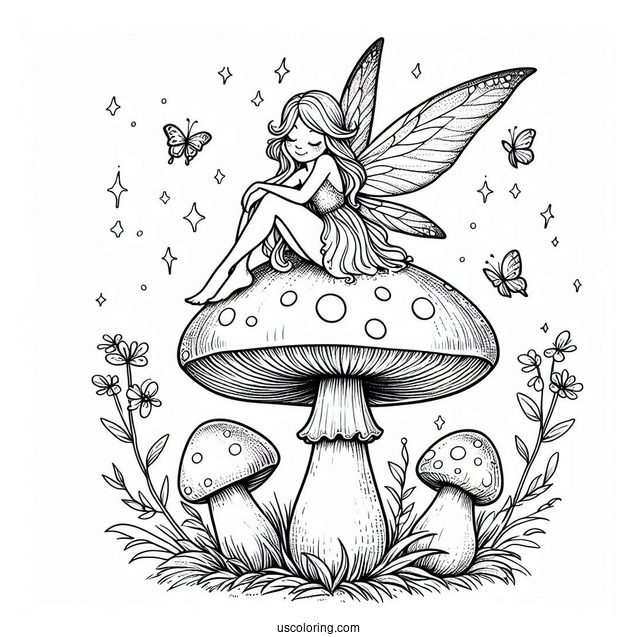 Beautiful Fairy Lounging On Top Of A Mushroom Coloring Page