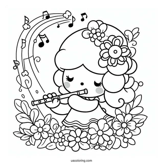 My Melody Coloring Page Playing Flower Flute While Rhythm Sings